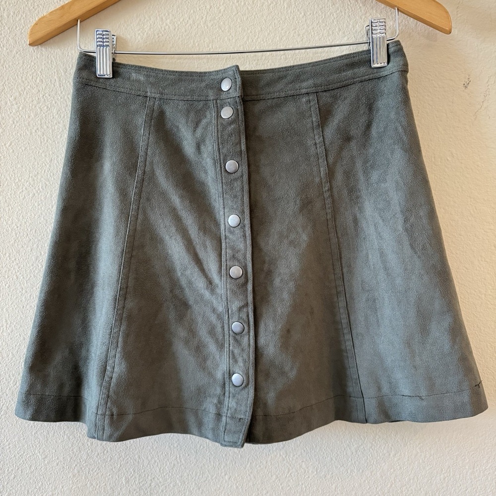 Abercrombie & Fitch Faux Suede Mini Skirt Olive Green Snap Front Y2K A-Line Sz 4